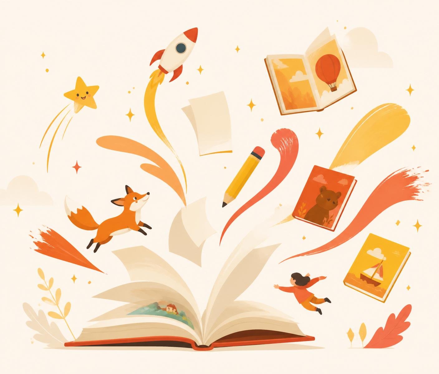Storybook with pages, characters and illustrations flying out — Crayon Publishing